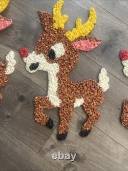 Vintage Santa Sleigh & 6 Rudolph Reindeer Melted Plastic Popcorn Christmas Decor
