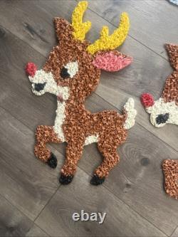 Vintage Santa Sleigh & 6 Rudolph Reindeer Melted Plastic Popcorn Christmas Decor