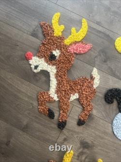 Vintage Santa Sleigh & 6 Rudolph Reindeer Melted Plastic Popcorn Christmas Decor