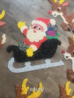 Vintage Santa Sleigh & 6 Rudolph Reindeer Melted Plastic Popcorn Christmas Decor
