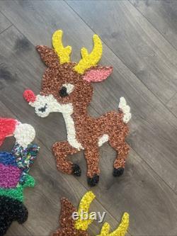 Vintage Santa Sleigh & 6 Rudolph Reindeer Melted Plastic Popcorn Christmas Decor