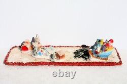 Vintage Santa Sleigh Flying Reindeer & Town Village Chalkware Store Display