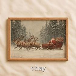 Vintage Santa Sleigh Printable Christmas Wall Art Rustic Reindeer Decor