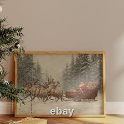 Vintage Santa Sleigh Printable Christmas Wall Art Rustic Reindeer Decor