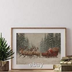 Vintage Santa Sleigh Printable Christmas Wall Art Rustic Reindeer Decor