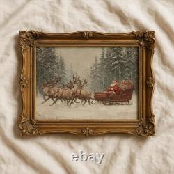 Vintage Santa Sleigh Printable Christmas Wall Art Rustic Reindeer Decor