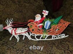 Vintage Santa Sleigh Reindeer Gifts Tree Christmas Decoration Red Velvet White