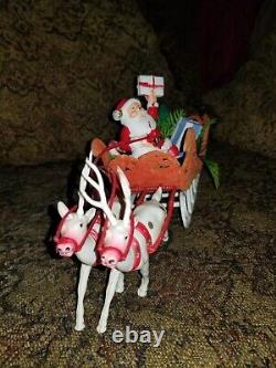 Vintage Santa Sleigh Reindeer Gifts Tree Christmas Decoration Red Velvet White