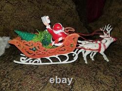 Vintage Santa Sleigh Reindeer Gifts Tree Christmas Decoration Red Velvet White