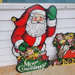 Vintage Santa Sleigh Reindeer Masonite Decor Christmas