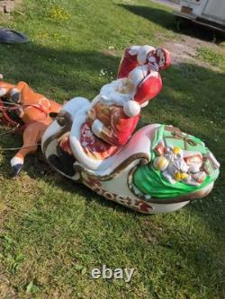 Vintage Santa Sleigh With 2 Reindeer Christmas Decor Large Blow Mold General Foam