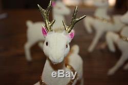 Vintage Santa Sleigh and 4 White Pink Ears Reindeer Flocked Felt wicker