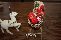Vintage Santa Sleigh and 4 White Pink Ears Reindeer Flocked Felt wicker