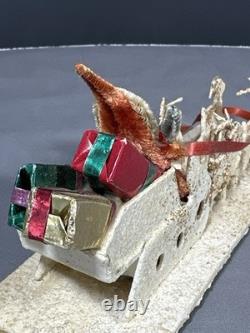 Vintage Santa in Sleigh Reindeer Diorama Putz Mica Glitter Composition 8