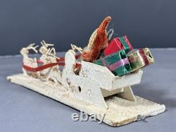 Vintage Santa in Sleigh Reindeer Diorama Putz Mica Glitter Composition 8