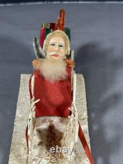 Vintage Santa in Sleigh Reindeer Diorama Putz Mica Glitter Composition 8