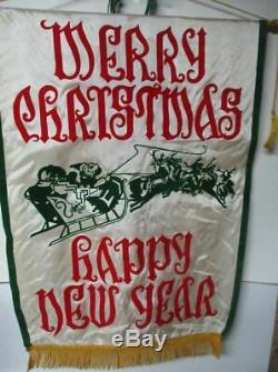 Vintage Satin Felt Christmas New Year Banner Santa Sleigh Reindeer