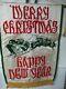 Vintage Satin Felt Christmas New Year Banner Santa Sleigh Reindeer