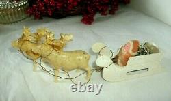 Vintage Spun Cotton & Chenille Santa, Composition, Reindeer, Paper Sleigh, Japan