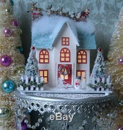 Vintage Style Putz Glitter Christmas House Santa Sleigh Reindeer Snowman Lighted