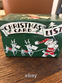 Vintage Stylecraft Metal Christmas Card List Box Green Santa Sleigh Reindeer MCM