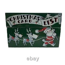Vintage Stylecraft Metal Christmas Card List Box Green Santa Sleigh Reindeer MCM