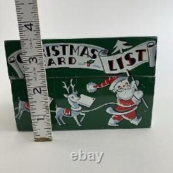 Vintage Stylecraft Metal Christmas Card List Box Green Santa Sleigh Reindeer MCM