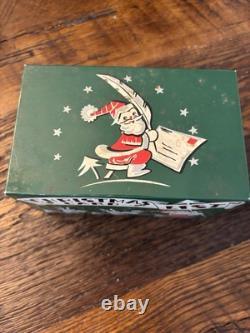 Vintage Stylecraft Metal Christmas Card List Box Green Santa Sleigh Reindeer MCM