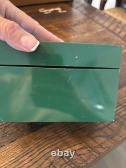 Vintage Stylecraft Metal Christmas Card List Box Green Santa Sleigh Reindeer MCM