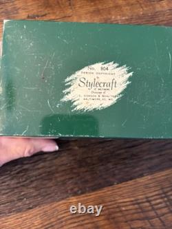 Vintage Stylecraft Metal Christmas Card List Box Green Santa Sleigh Reindeer MCM