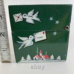 Vintage Stylecraft Metal Christmas Card List Box Green Santa Sleigh Reindeer MCM