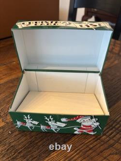 Vintage Stylecraft Metal Christmas Card List Box Green Santa Sleigh Reindeer MCM