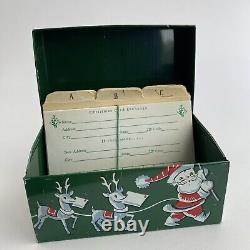Vintage Stylecraft Metal Christmas Card List Box Green Santa Sleigh Reindeer MCM