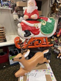 Vintage TPI Santa Claus In Sleigh With Reindeer Lighted Christmas Blow Mold
