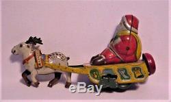 Vintage Tin Litho Japan Wind Up Toy Santa with Sleigh & Reindeer Bell