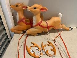 Vintage Two Large Blow Mold Santas Reindeer For Sleigh With Two Straps & Antlers