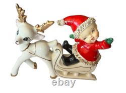 Vintage UCAGCO Waving Pixie Elf Santa Suit Reindeer Sleigh Gold Trim READ MORE