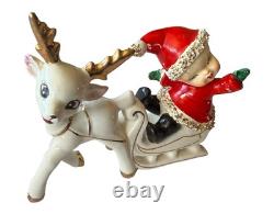 Vintage UCAGCO Waving Pixie Elf Santa Suit Reindeer Sleigh Gold Trim READ MORE