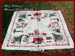 Vintage Whimsical RARE Xmas Tablecloth NOS 1950 Santa Reindeer Sleigh Dog House