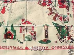 Vintage Whimsical RARE Xmas Tablecloth NOS 1950 Santa Reindeer Sleigh Dog House