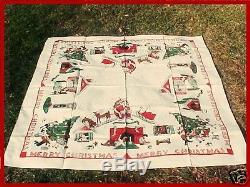 Vintage Whimsical RARE Xmas Tablecloth NOS 1950 Santa Reindeer Sleigh Dog House