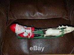 Vintage Wind Up Celluliod Santa & Reindeer WithMetal Sleigh