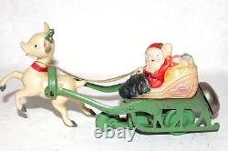 Vintage Wind Up Celluloid Santa & Reindeer with Tin Sleigh & Bell, Japan New