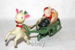 Vintage Wind Up Celluloid Santa & Reindeer with Tin Sleigh & Bell, Japan New