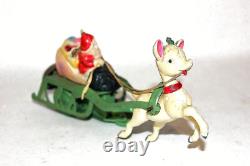 Vintage Wind Up Celluloid Santa & Reindeer with Tin Sleigh & Bell, Japan New