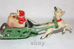Vintage Wind Up Celluloid Santa & Reindeer with Tin Sleigh & Bell, Japan New