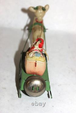 Vintage Wind Up Celluloid Santa & Reindeer with Tin Sleigh & Bell, Japan New
