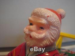 Vintage Xmas Metal Battery Operated Toy Santa Soft Head Sleigh Reindeer