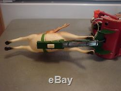 Vintage Xmas Metal Battery Operated Toy Santa Soft Head Sleigh Reindeer