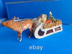 Vintage Xmas Santa Sleigh Reindeer Candy Container- Composition & Spun Cotton